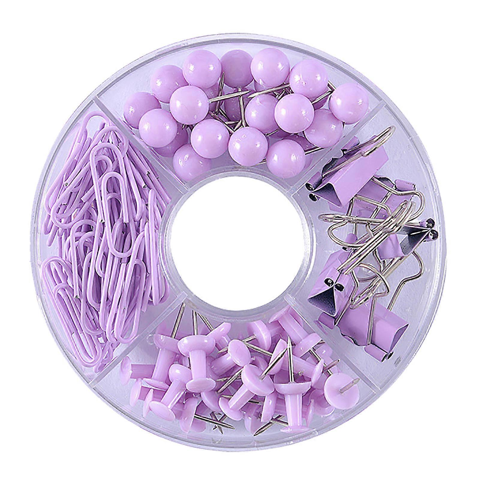 Comprehensive Office Kit: 105pcs Purple Push Pins, Binder Clips & Paper Clips - Durable Multifunction Set