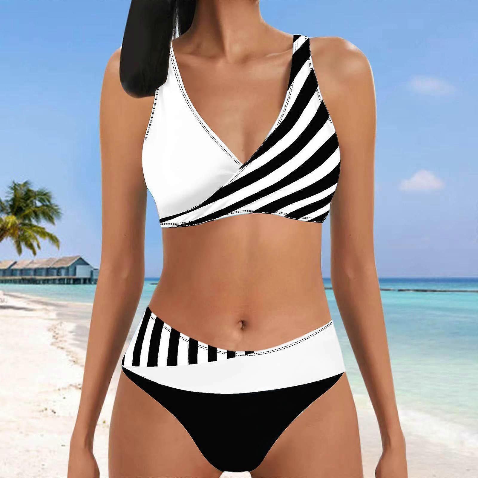 Dame Halter Sort og orange striber Print Bikini Tankini badedragt