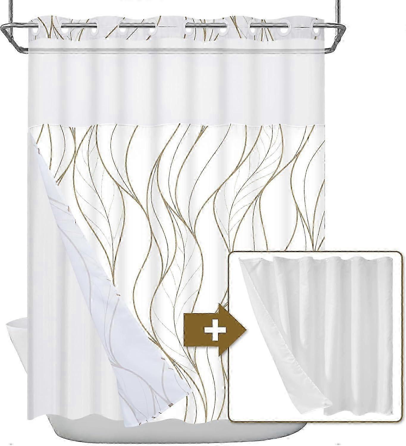 unique 2PCS White No Hook Shower Curtain with Snap in  Hotel Shower Curtain with 2