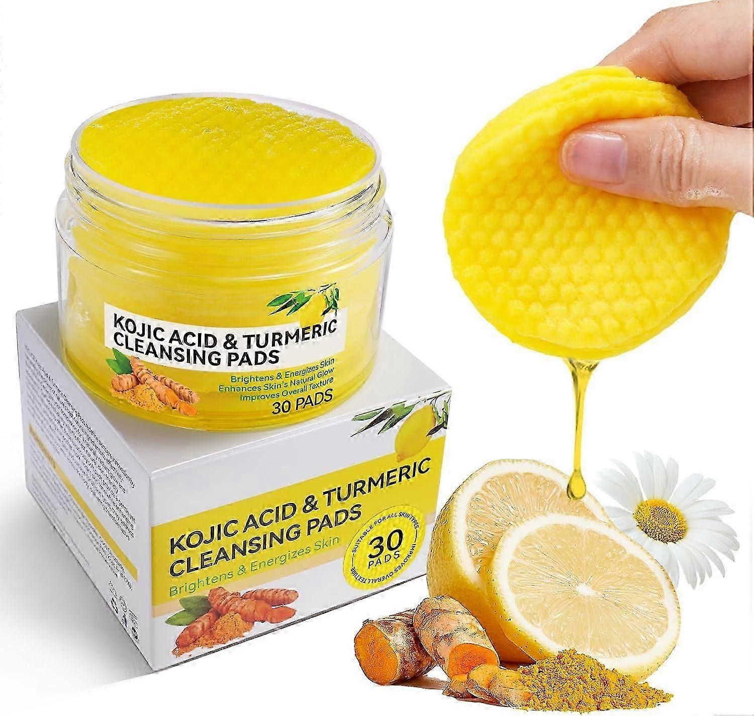 Kojic Acid & Turmeric Cleansing Pads, 30Pcs Turmeric Kojic Acid Pads, Turmeric Cleansing Pads, Turmeric Exfoliating Pads, Helps Balance Skin Oil