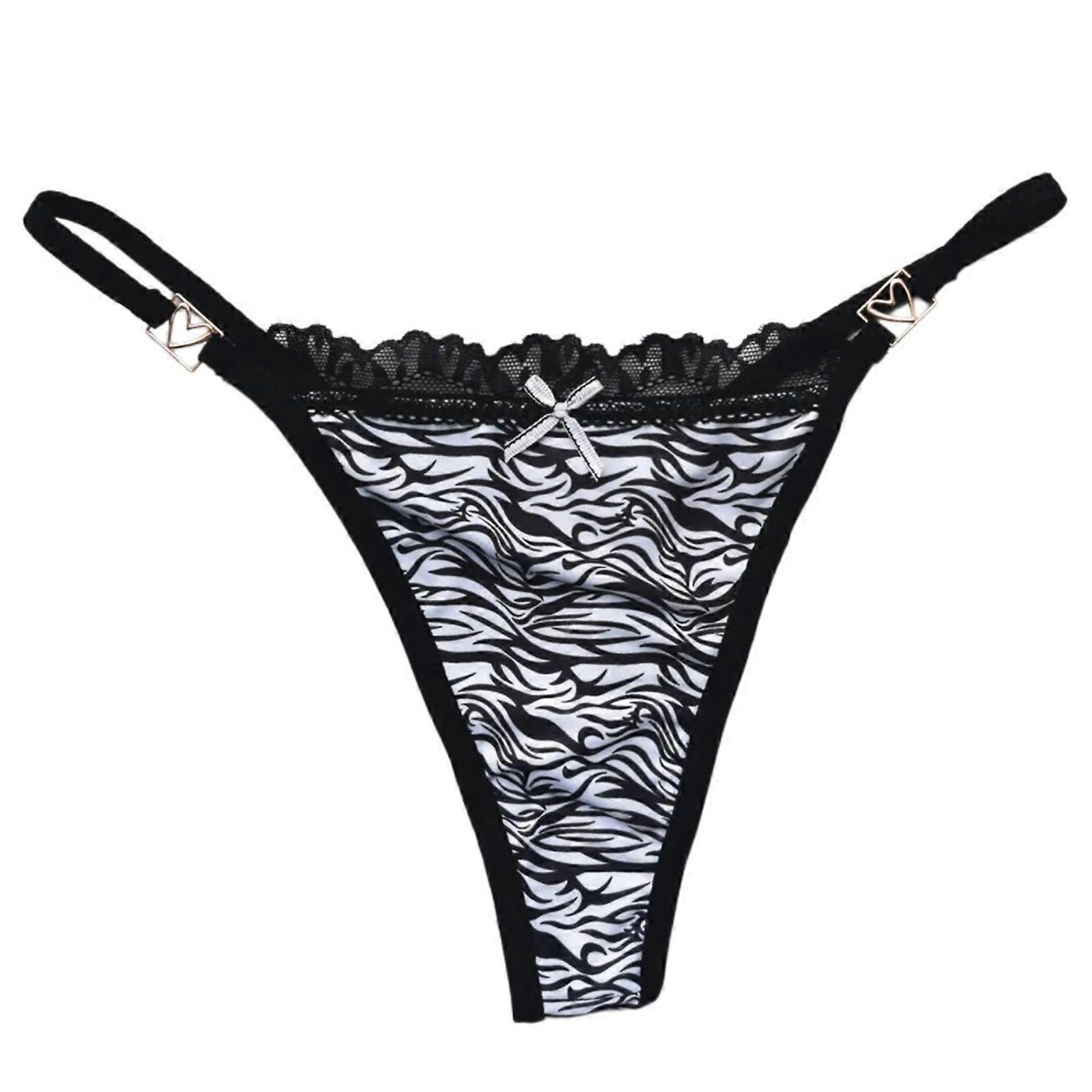 Leopard Print Triangular Underwear with Soft Lace Bows Low Rise G-String Metal Heart Panties Briefs for Women Lingerie zebra stripes M