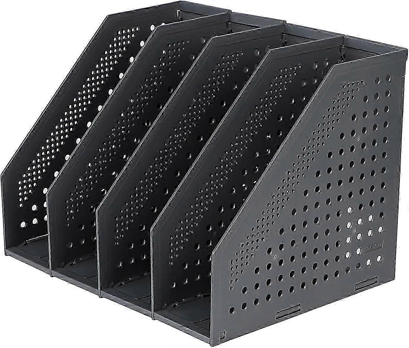 Foldable Magazine Rack 4 Compartments Adjustable Storage Box Desktop Organizer Bookends(Black)