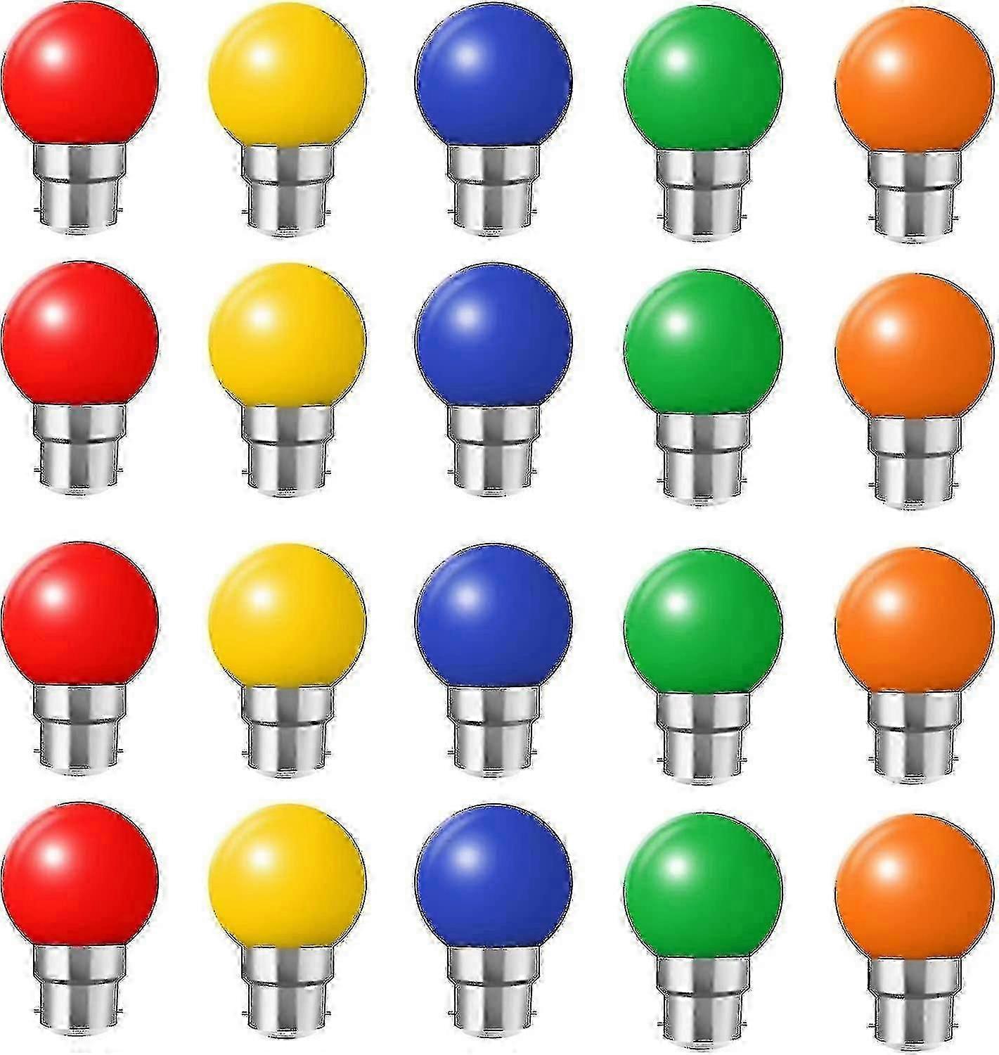 Ensemble De 20 Ampoules Led Couleur B22 Ampoules Baïonnette 2W Rouge, Jaune, Orange, Vert, Bleu, Incassable (Équivalence 20W)