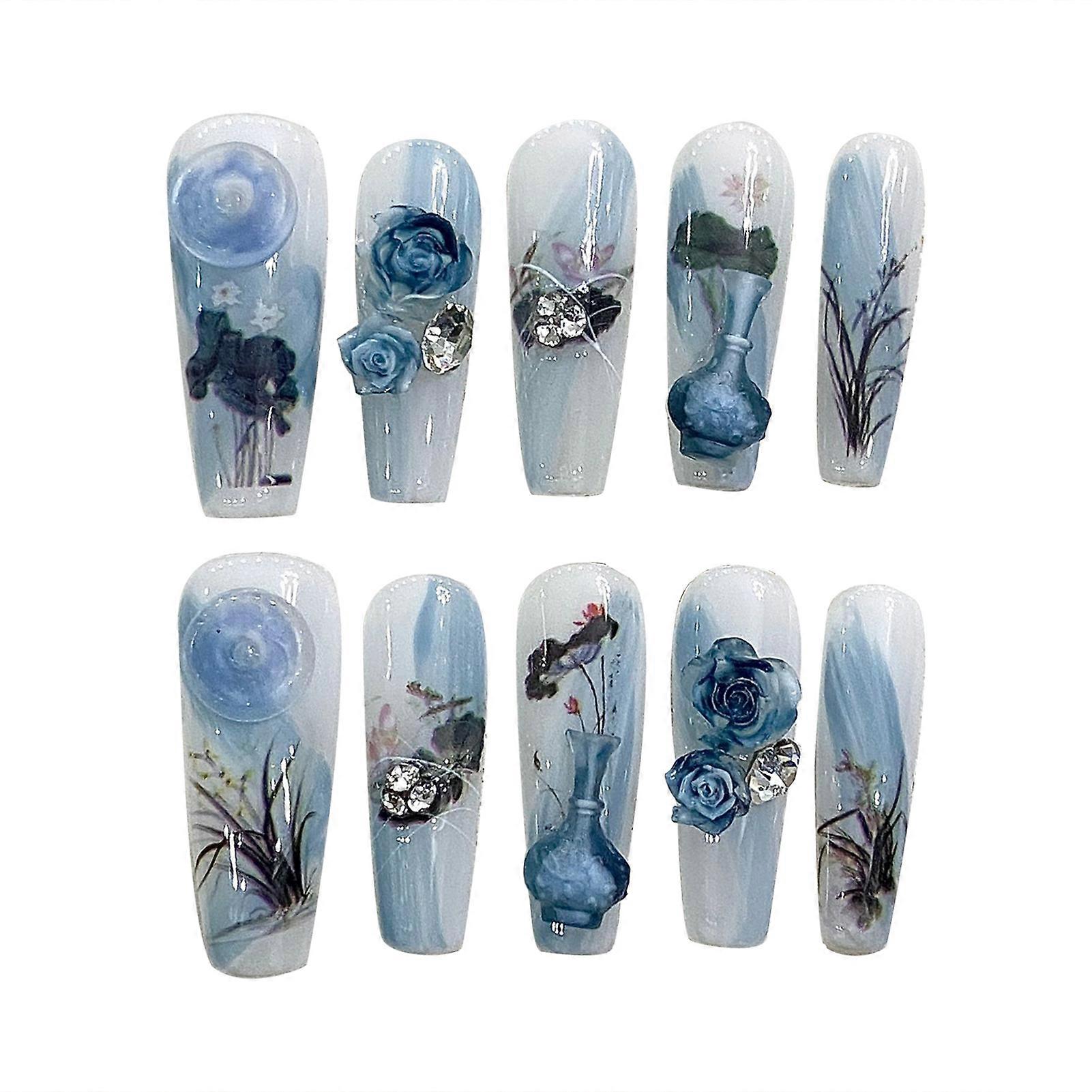 Glansig Blå Gradient Lång Tryck På Naglar Söt & Charmig Återanvändbara Lösnaglar