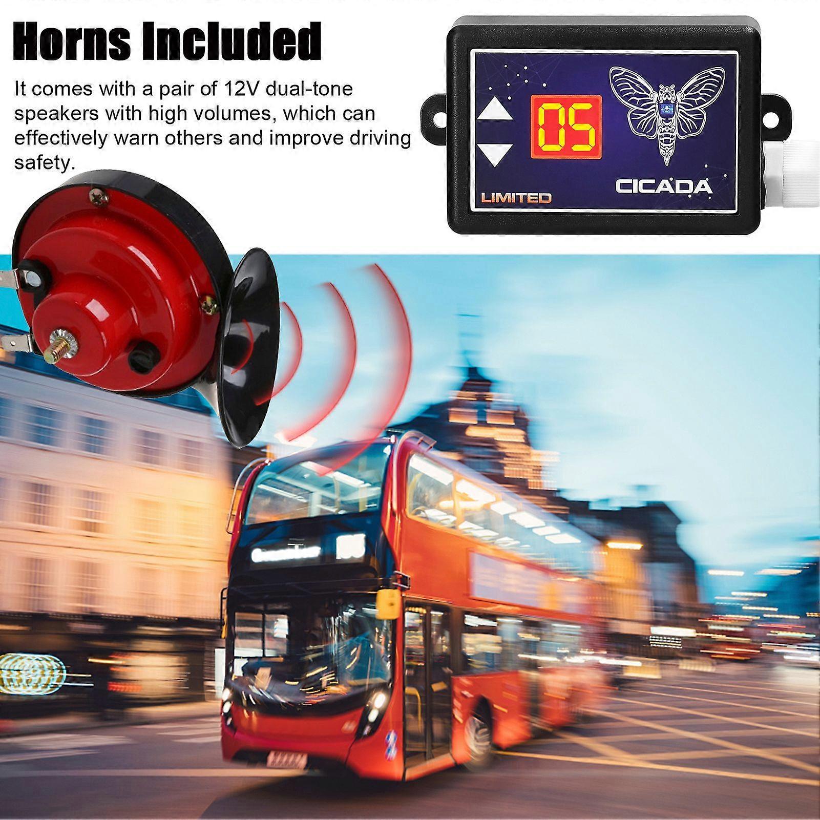 15-Tone Car Horn Controller Electric Horn Speaker Sound Control Unit with Digital Display & Pair of Double Tone Horns 12-24V for Car Truck Marine Boat