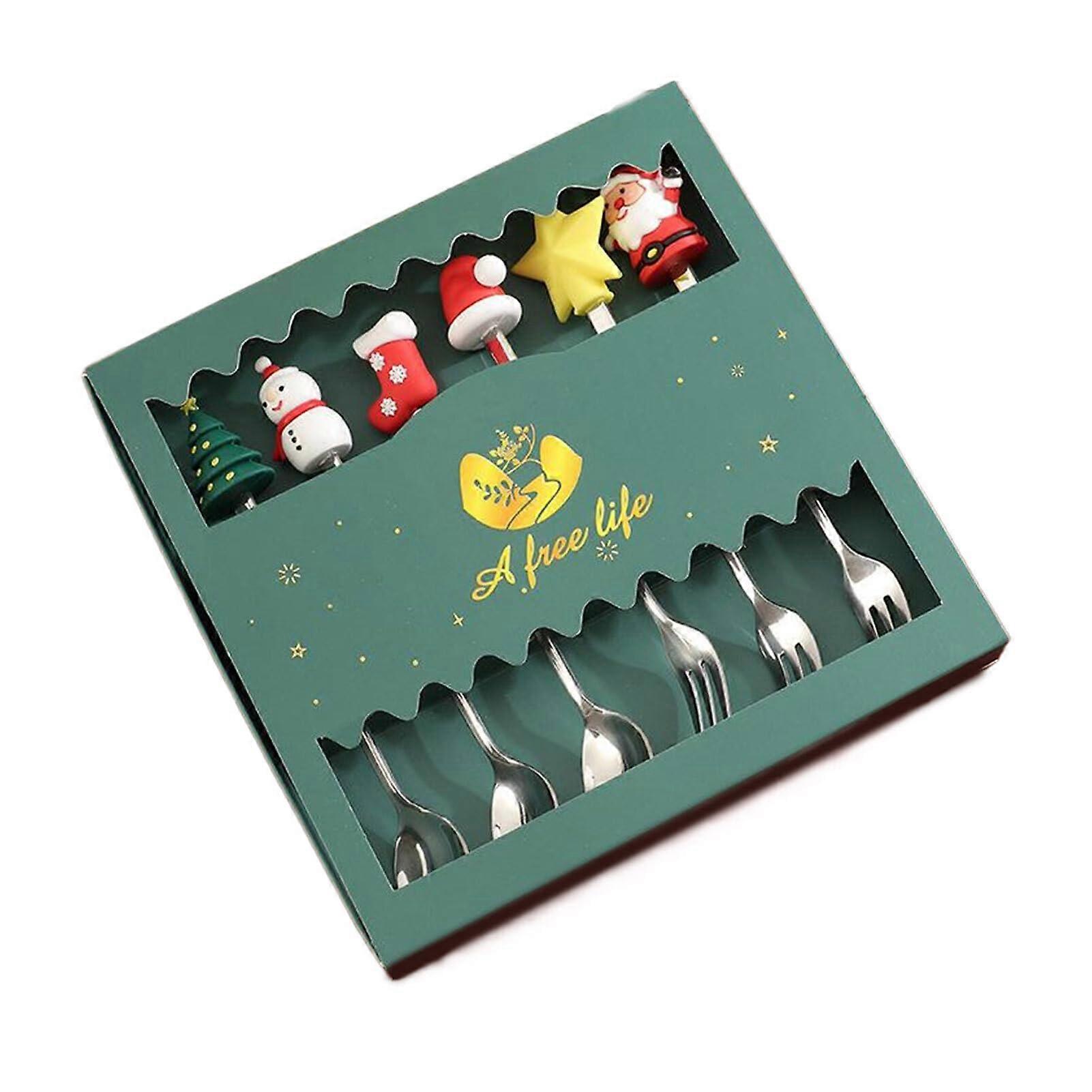 6 τεμάχια/σετ Χριστουγεννιάτικα μαχαιροπίρουνα σετ 6 πιρουνιών και κουταλιών ζαχαροπλαστικής Χριστουγεννιάτικα σετ μαχαιροπίρουνα από ανοξείδωτο ατσάλι κουτάλι, C