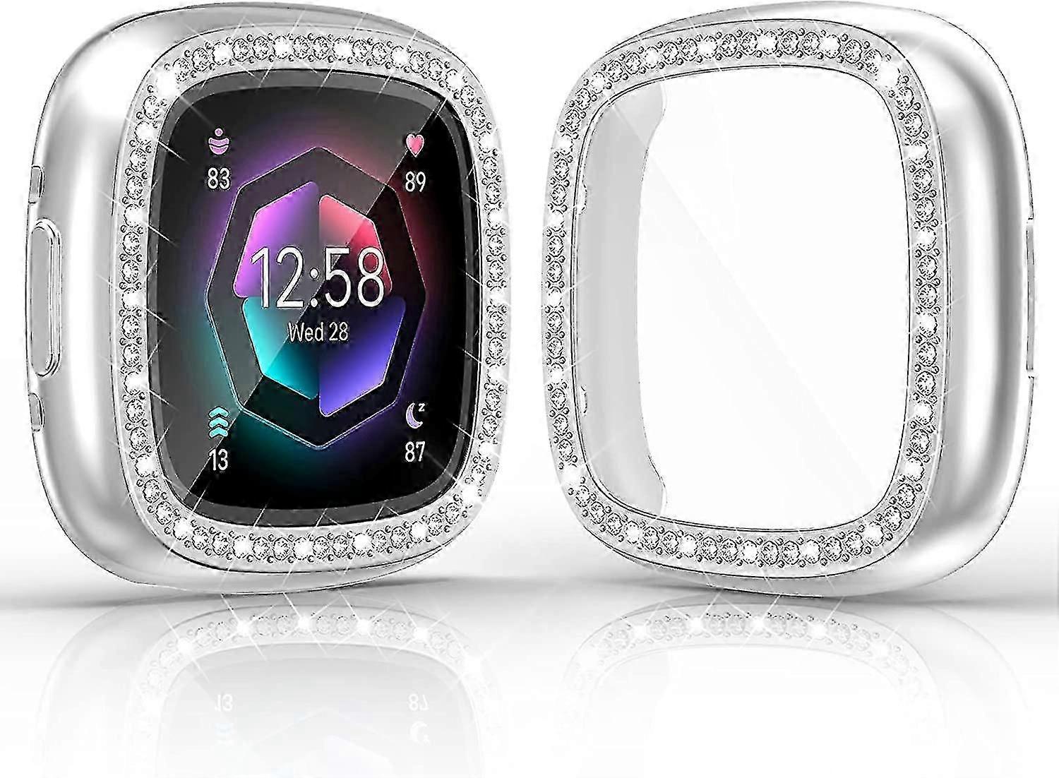 2 Pack Screen Protector Case Compatible Fitbit Versa 4/ Sense 2, Soft Tpu Bumper Glitter Diamonds Cover