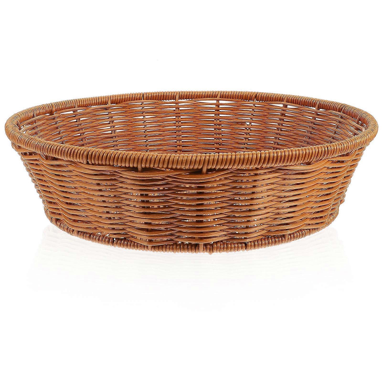 Small Fruit Basket Woven Bread Basket Round Imitation Rattan Material Light Brown Food Serving Tabletop Organizer 1Pack