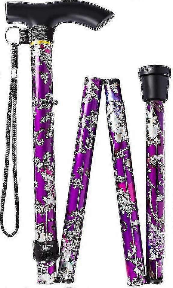 Foldable Women Walking Stick Purple Floral Aluminum Cane Lightweight Height Gift