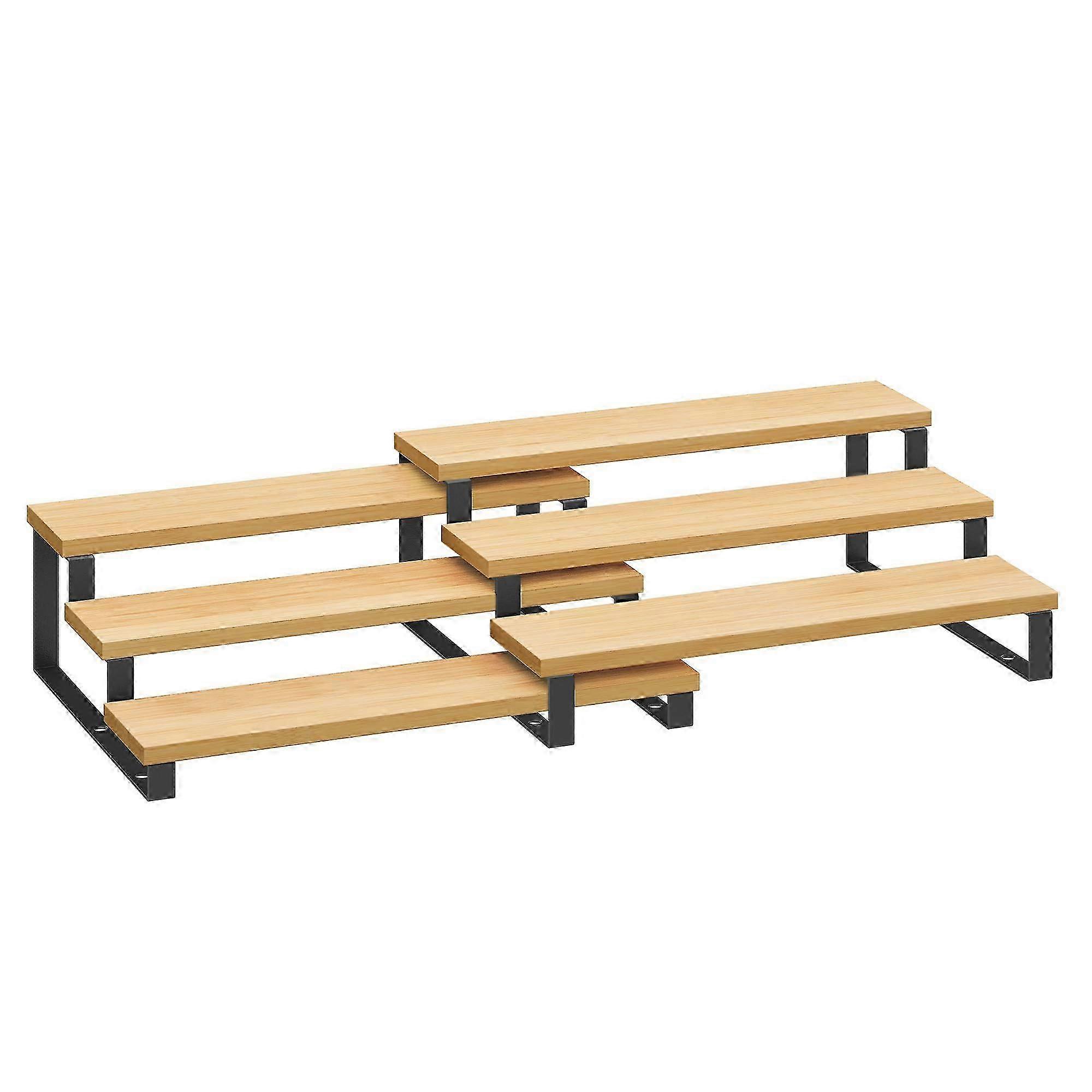 2 Sets Engineered Wood Risers for Perfume Display in Natural Beige & Black 3-Tier