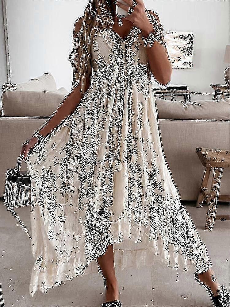 Summer Boho Long Dresses Women Lace V Neck Spaghetti Strap Dress Lady Off  Shoulder Beach Sundress White Dress Vestidos De Mujer | Fruugo UK