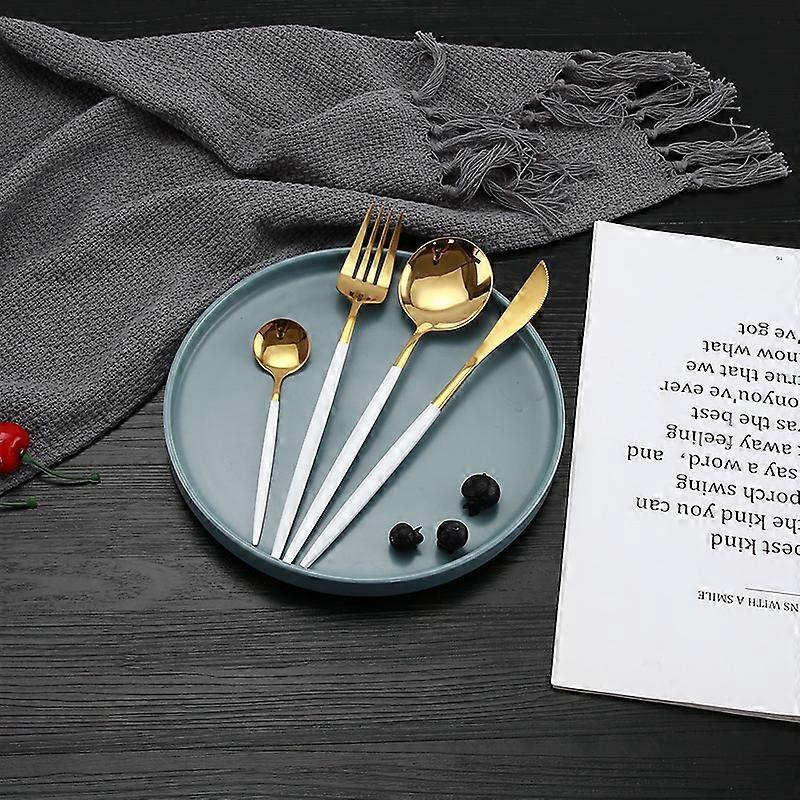 4 pcs Cutlery Set, Titanium Plated Silverware Strong Rust Resistant Dishwasher Safe (White + Gold)