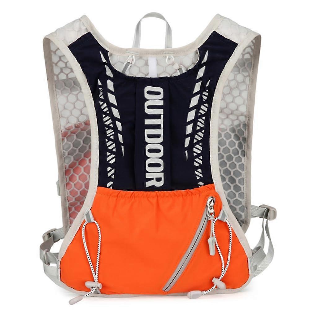 Lightweight running vest, waterproof hydration bladder, breathable outer pockets for hiking on the orange trail.