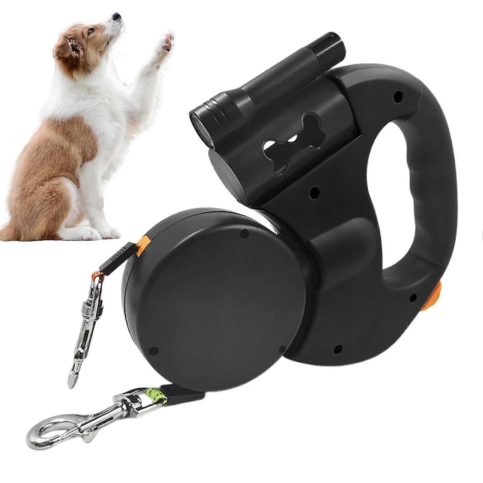 Double Dog Leash With LED Light, Retractable, Locking Mechanism, For Medium-Small Breeds, Training, Outdoor, Black