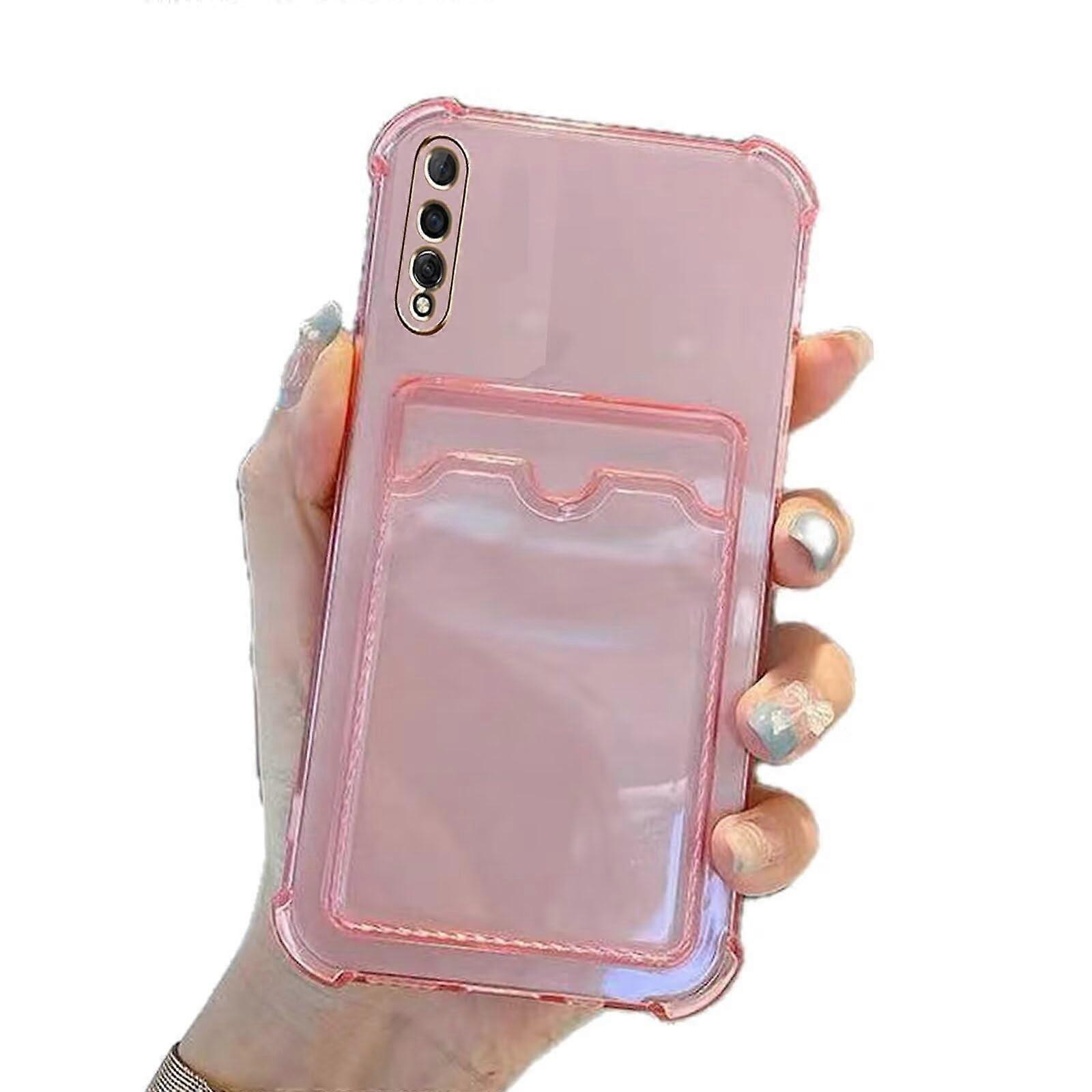 Wallet Case for Samsung Galaxy A30S/A50, Card Holder, Crystal Clear Back, Shockproof Soft TPU Pink