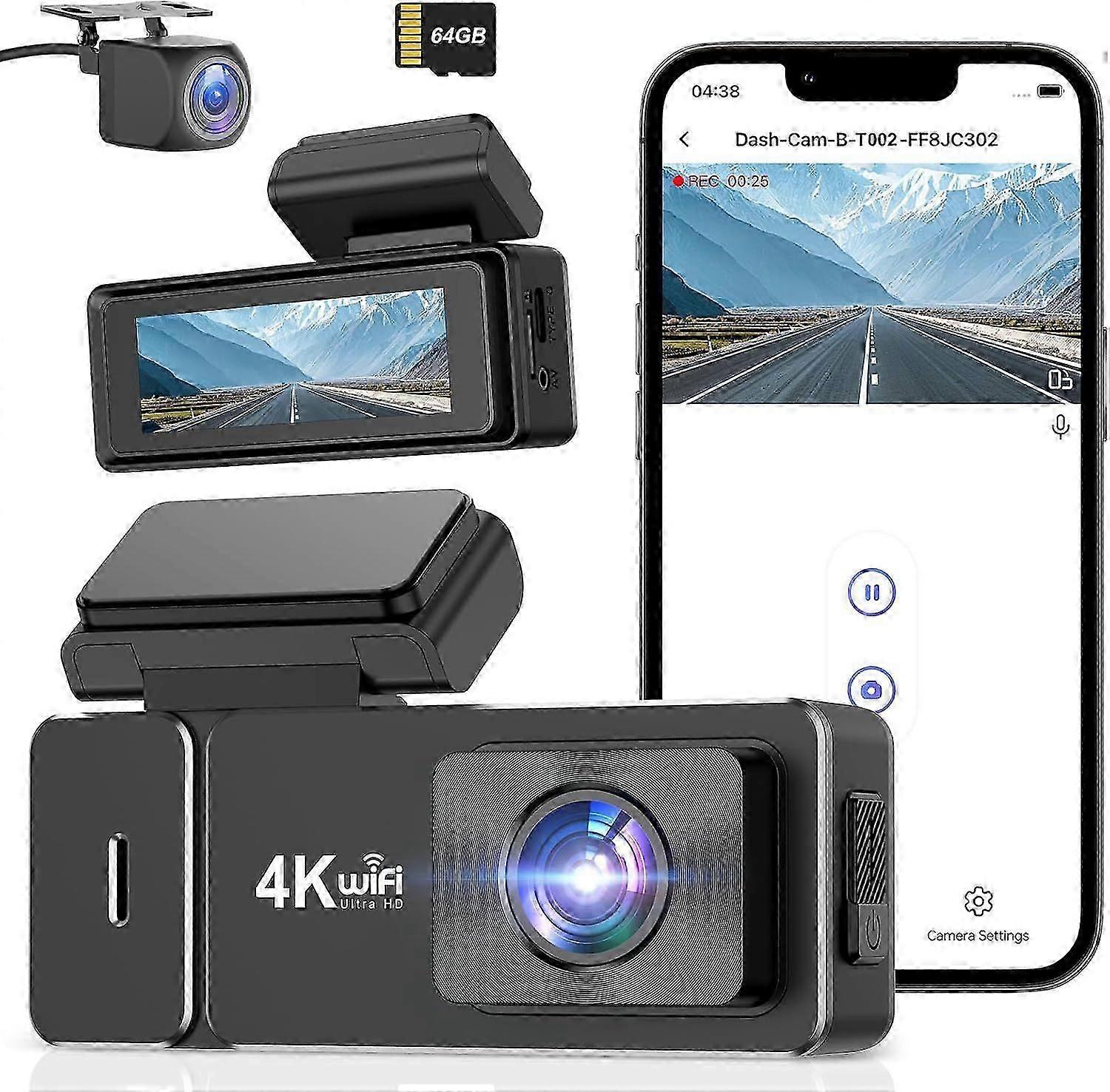 Dash Cam Przód i tył 4K + 1080p, Wifi Dual Dash Cam z aplikacją, 2,99 ips Dash