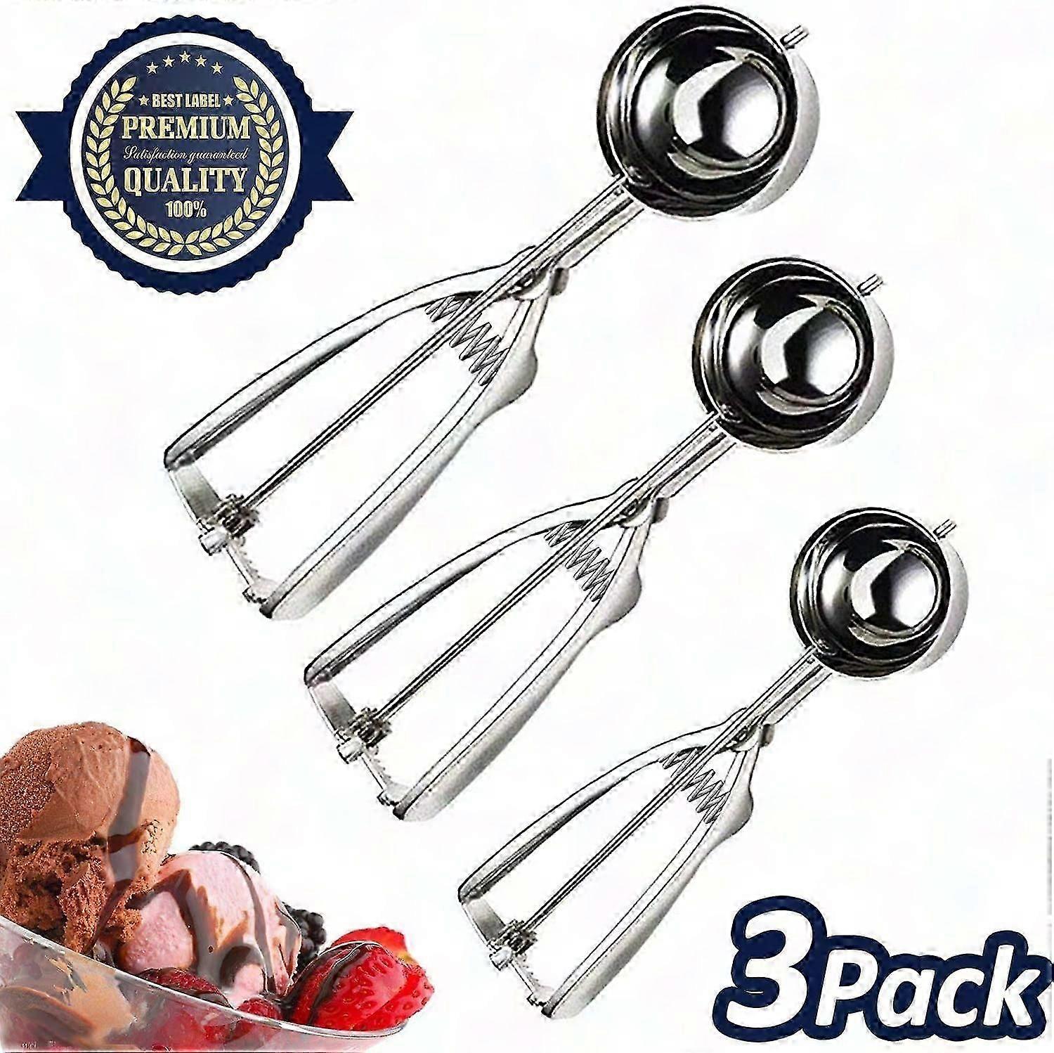 Stainless Steel Ice Cream Scoops Set of 3 with Trigger - Small 4cm, Medium 5cm & Large 6cm for Easy Serving