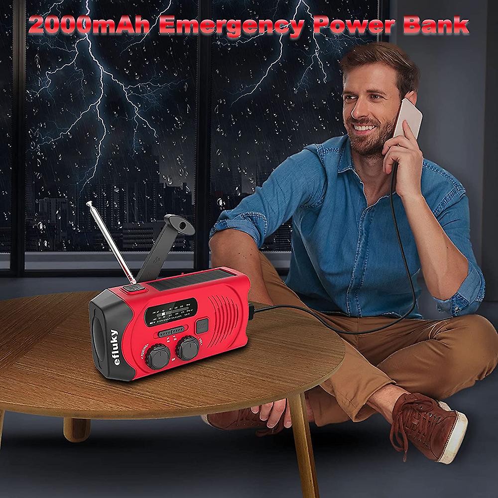 Solar Radio Am/fm Crank Radio Portable Usb Rechargeable Emergency Radio With 2000mah Power Bank, Led Flashlight, Sos Alarm And Hand Crank Dynamo For C