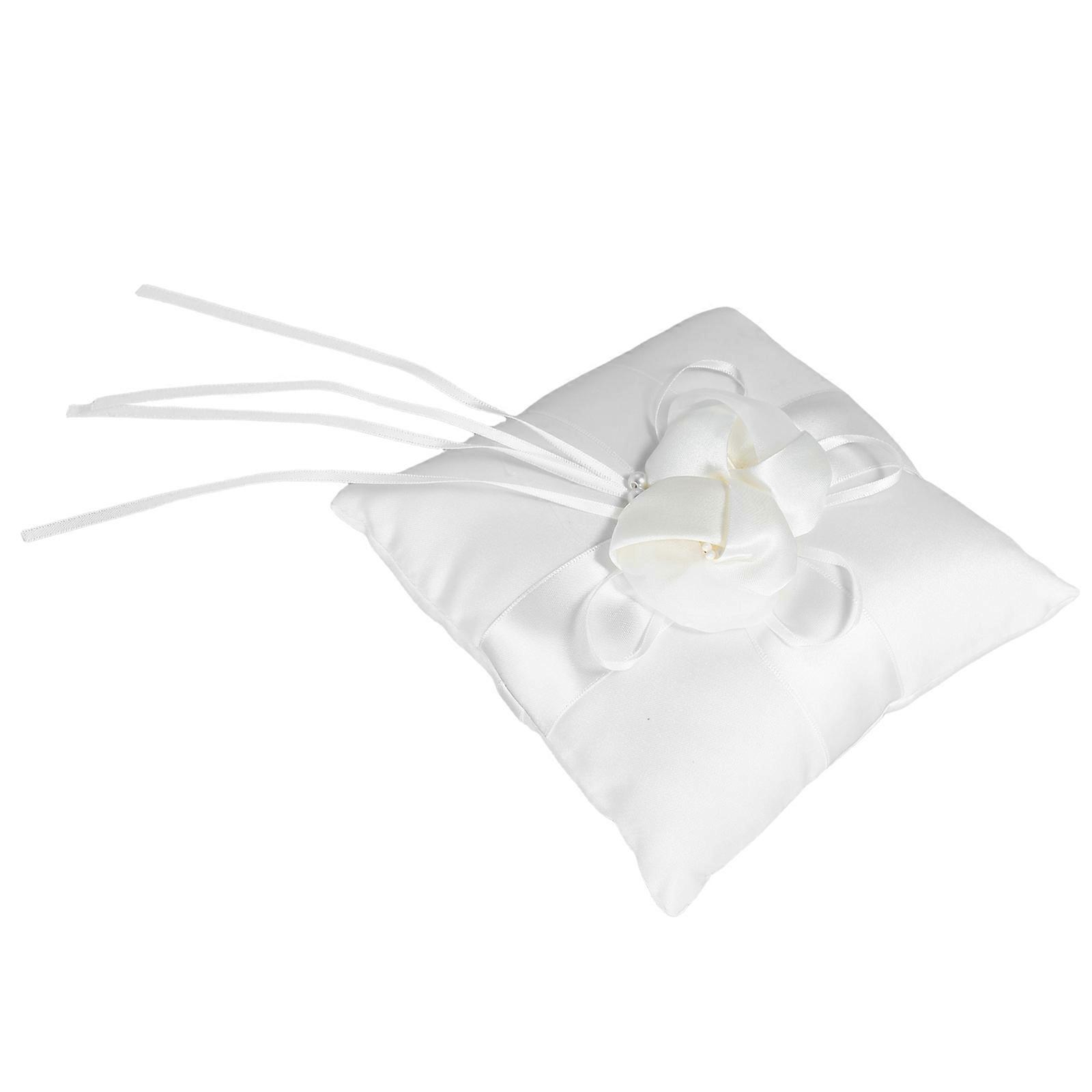 15*15 ס"מ ניצני פרחים מקסימים ודמויי פנינים תפאורה חתונה חתונה Ceramony טבעת כיס כרית נושא כרית עם סרטים (לבן)