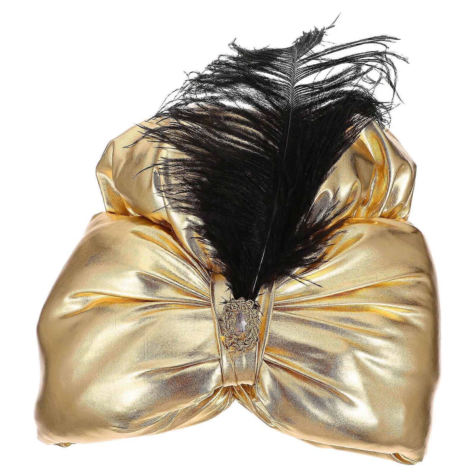 Elegant Arabian Style Golden Prince Hat with Plume for Halloween Costume Party Performance Accessory