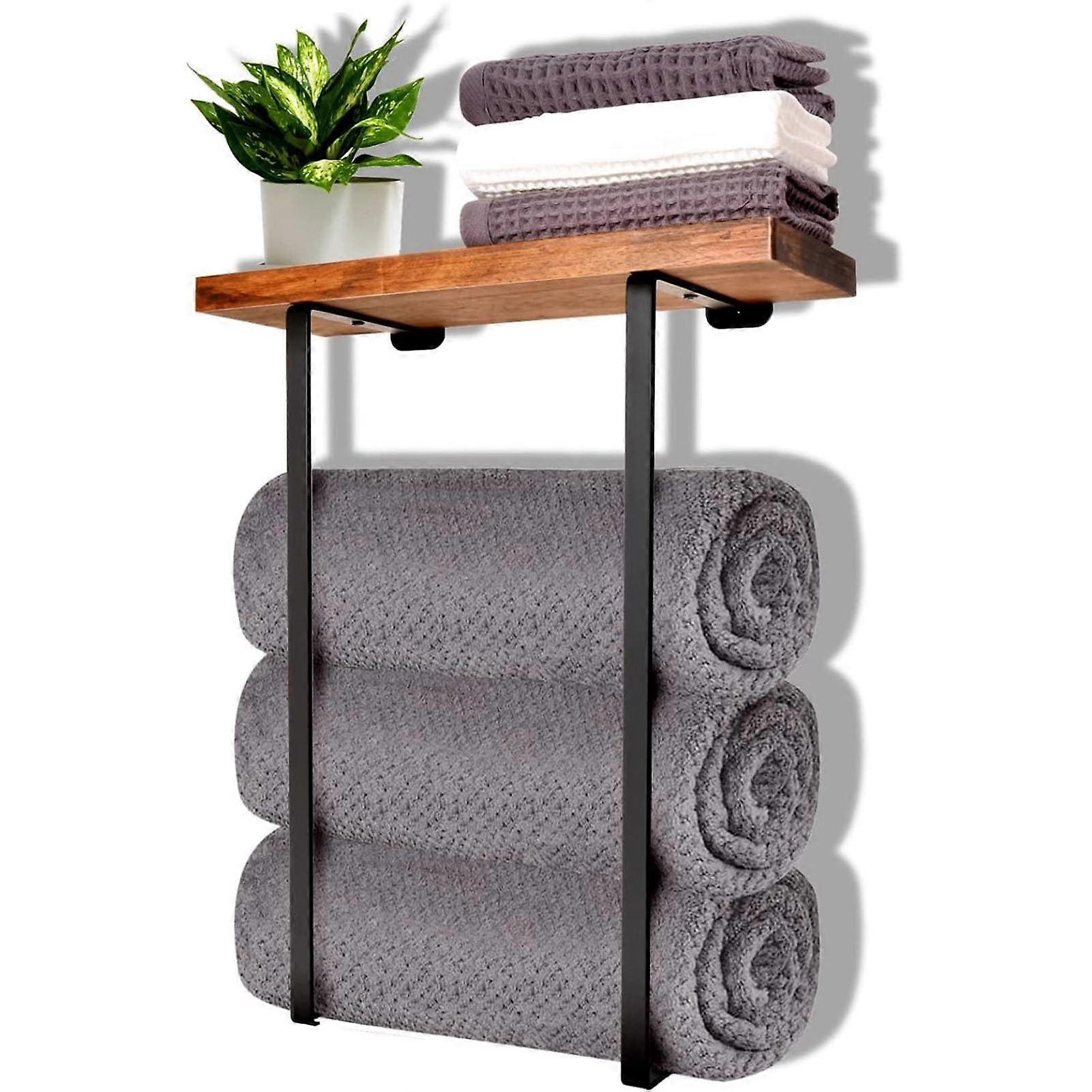 Towel Rack With Wooden Shelf, Wall Mounted Metal Towel Rack, For Rolled Towels, 13.78 In Length, 15.7 In Height