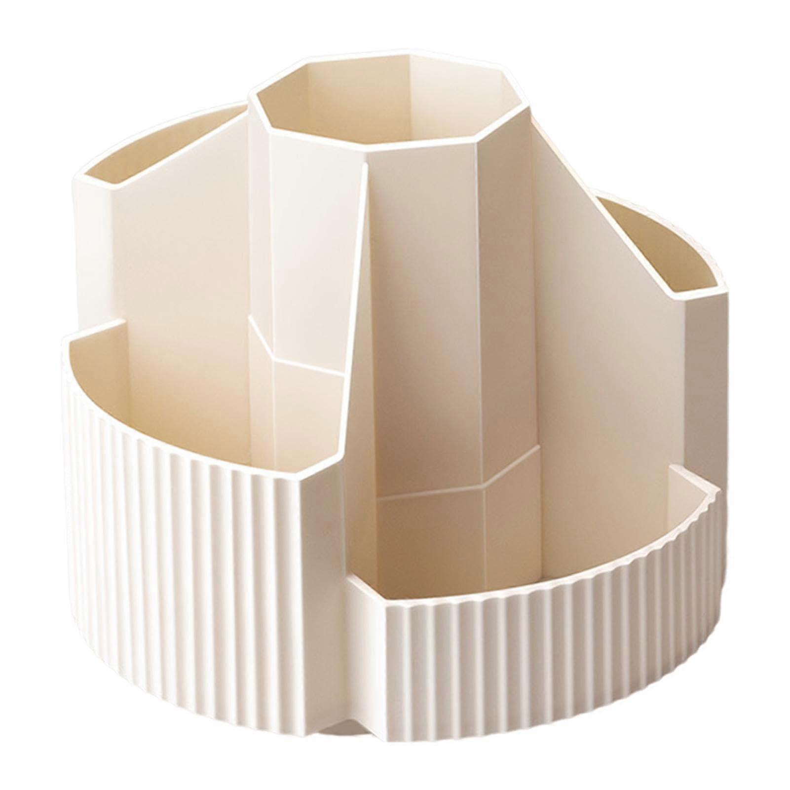 Rotating Desk Organizer with 5 Compartments, Multi-Functional Large Pencil Holder for School, White Color