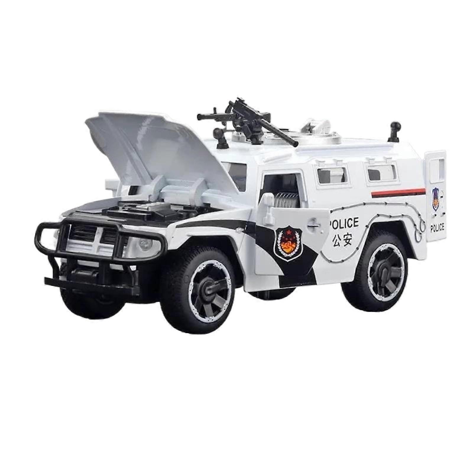 Knight Armored Special Warfare Police Car Model 1:32 Scale Die-Cast Alloy with Sound and Light Features, 5 Doors Open, White
