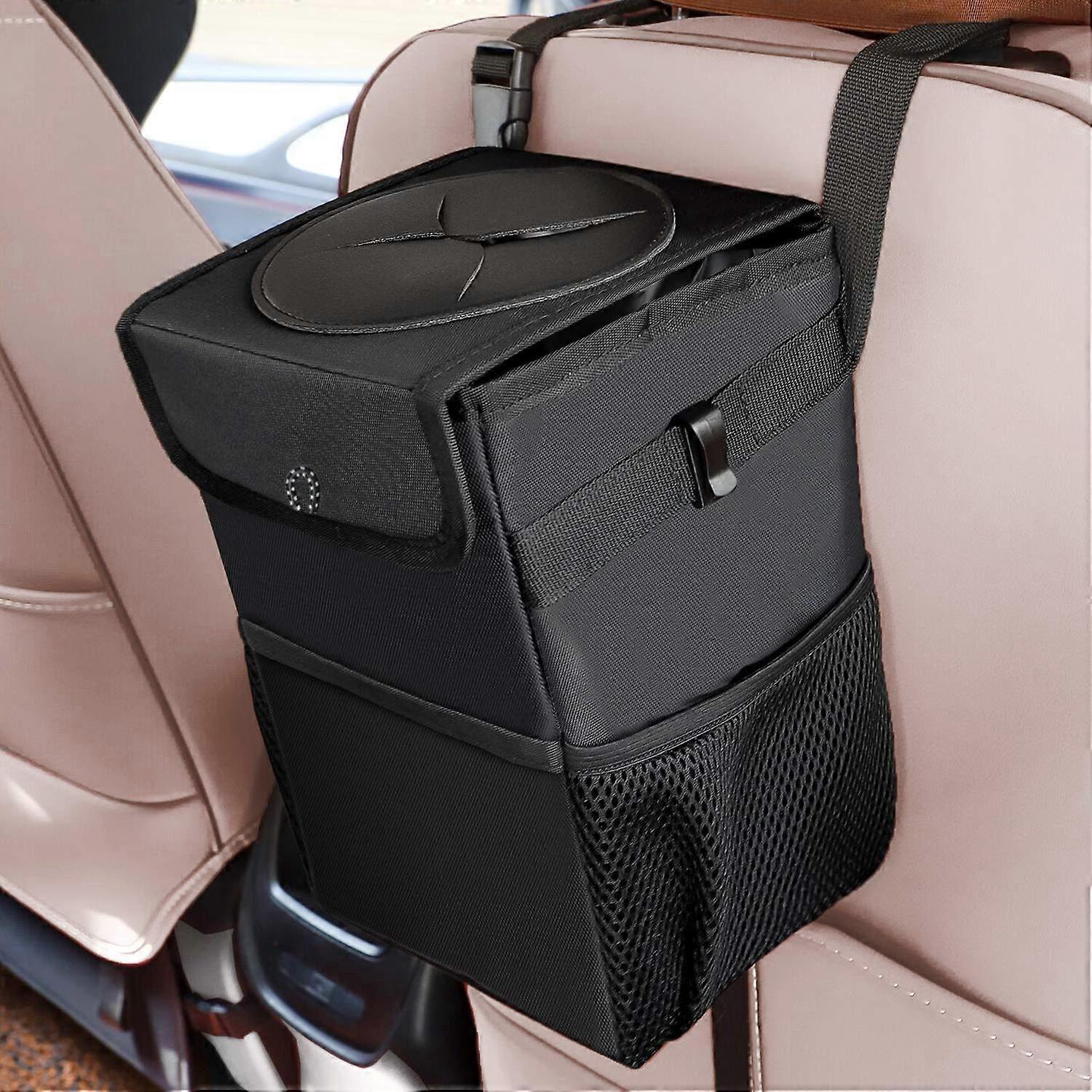 Car Trash Can With Lid And Three Storage Pockets, 100% Leak-Proof Waterproof Car Organizer, Black, Model 2