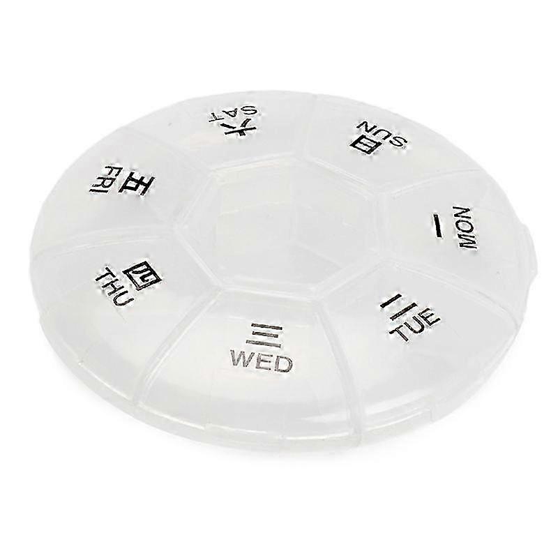 Weekly pill organizer for medication storage with round portable case and 7 compartments