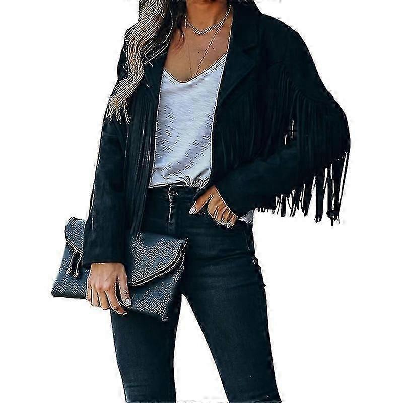 Women's Faux Suede Leather Fringe Jacket, Motorcycle Open Front Tassel Coat