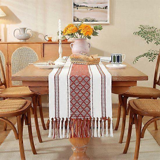 Bohemian Cotton and Linen Table Runner with Tassels - 35x183cm Diamond Shaped,