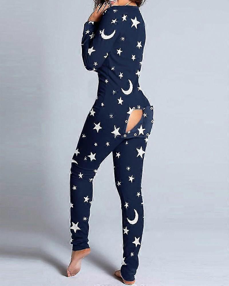 Sexy Christmas Pajamas for Women, New Year Jumpsuit with Button-Down Front and Open Back Flap, Xmas Print Loungewear