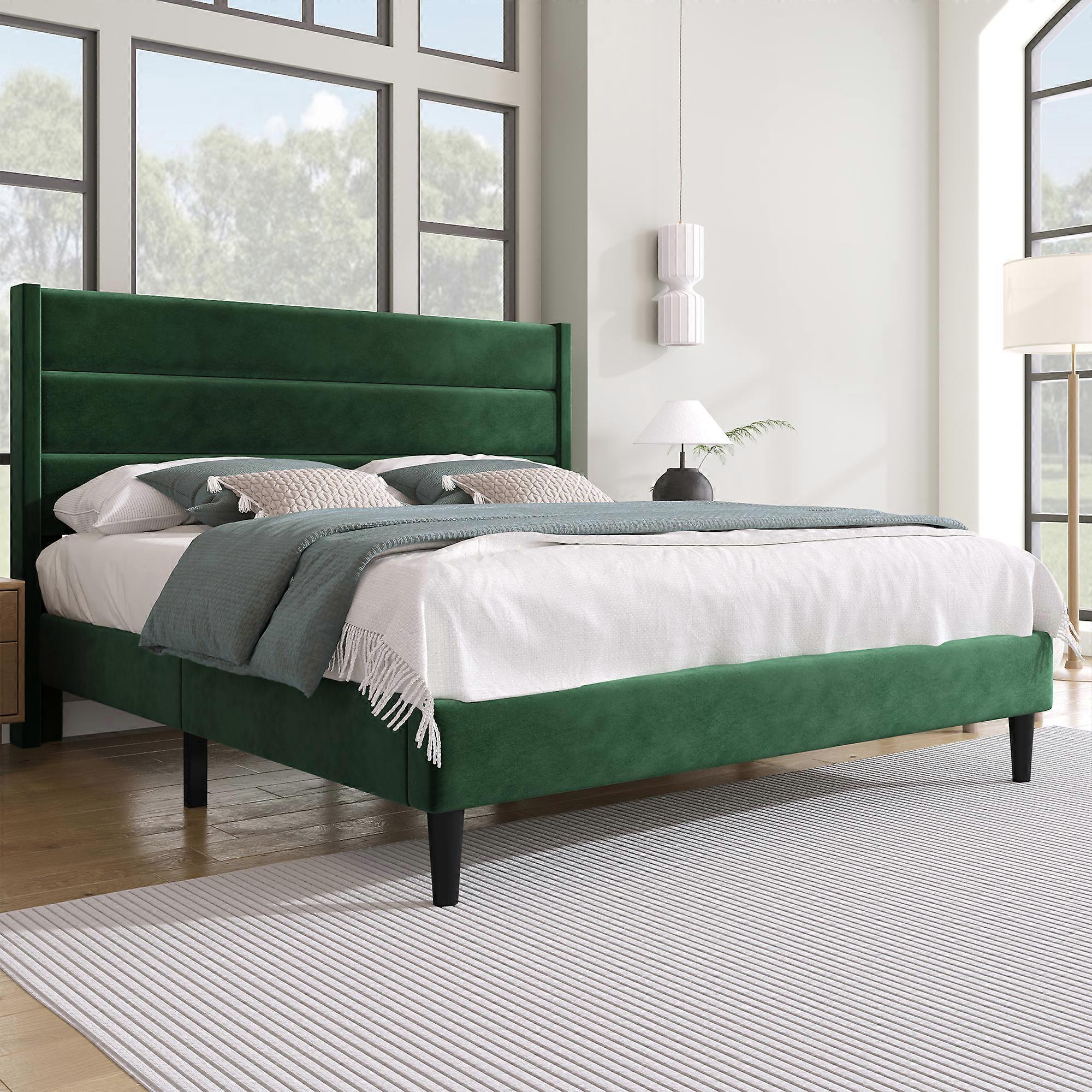Dark Green Velvet Plush Double Bed 140x200cm Slatted Base Headboard Mattress