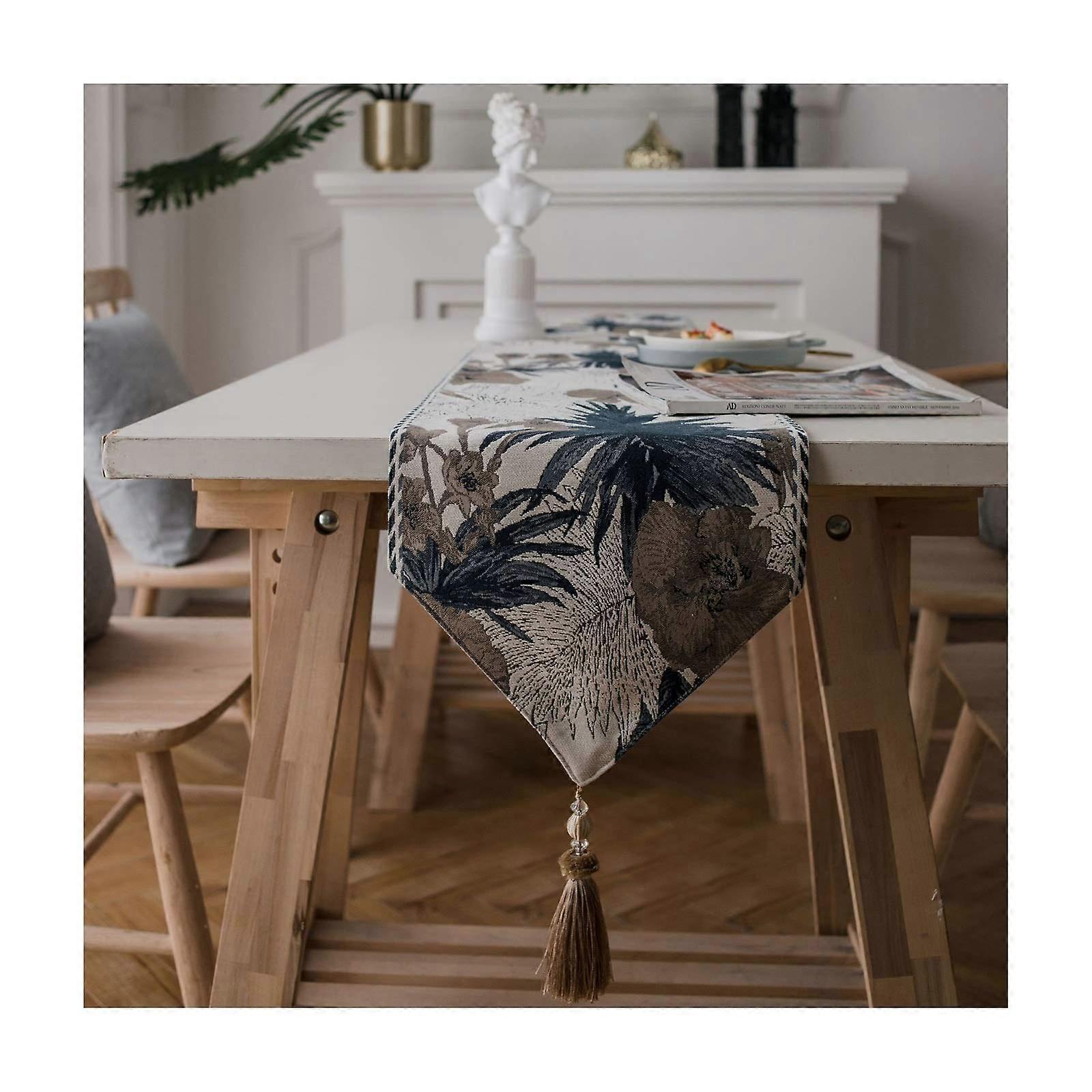 Small Table Runner Rectangle 32x240CM Polyester Table Runner Floral Pattern Dark Blue