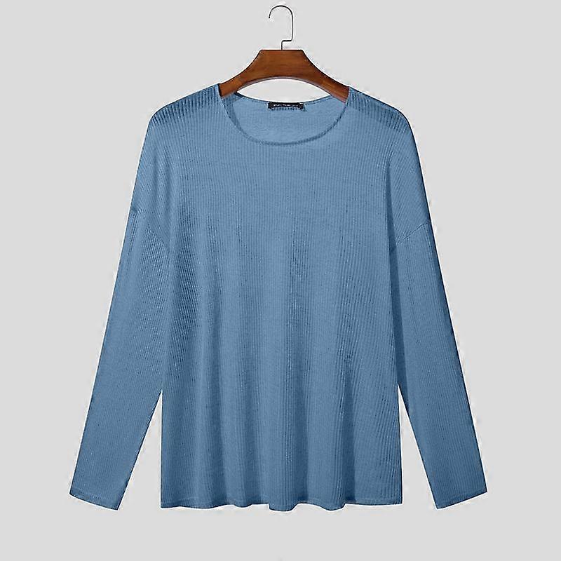 INCERUN Men Scoop Neck Long Sleeve Loose See Through Rib Undershirts Basics Tops