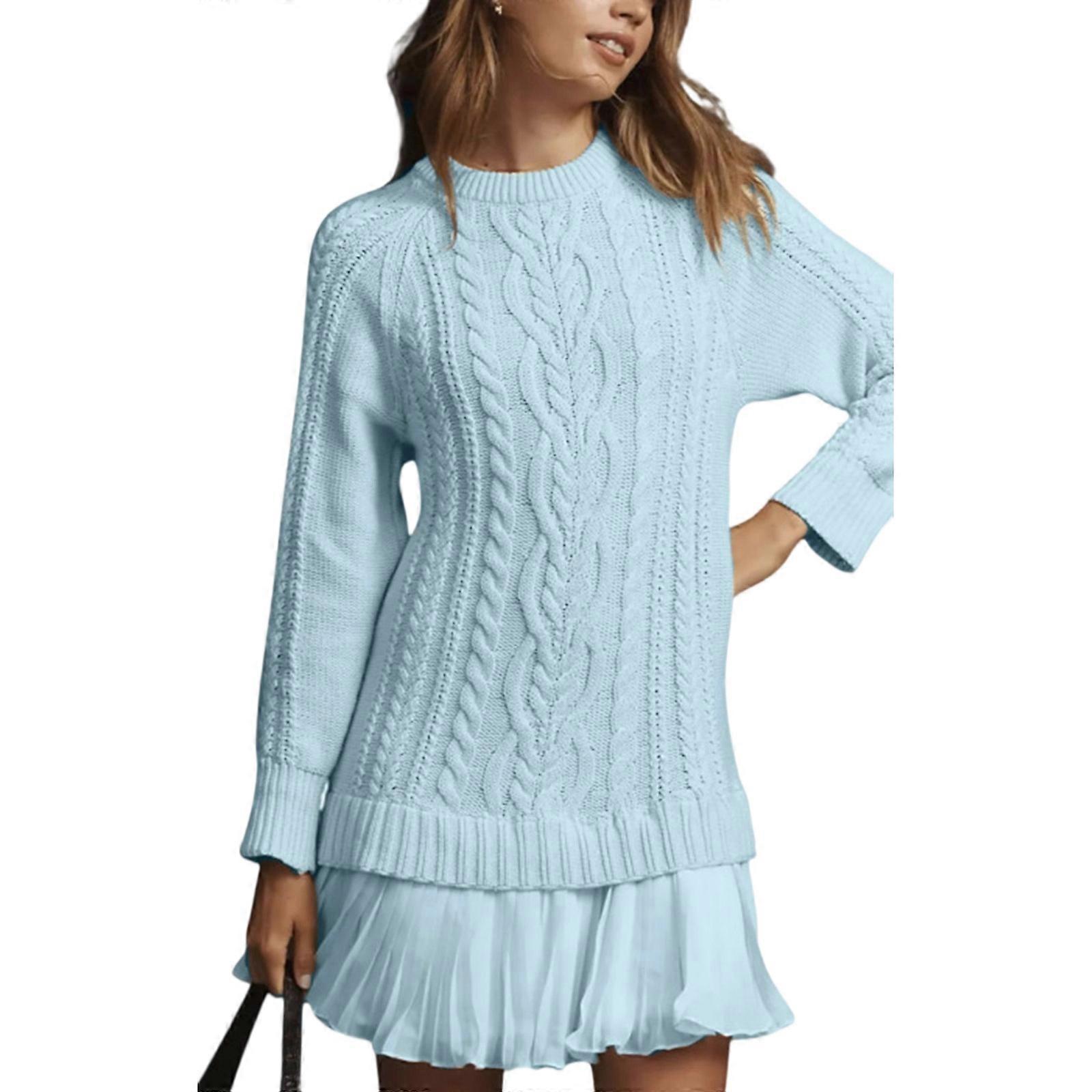 winter knitted chiffon dress Knit Cable Design Long Sleeve Pleated Skirt Straight Cut Blend Casual Knit Dress Outfits Sky blue XXL Pre Fall 2025