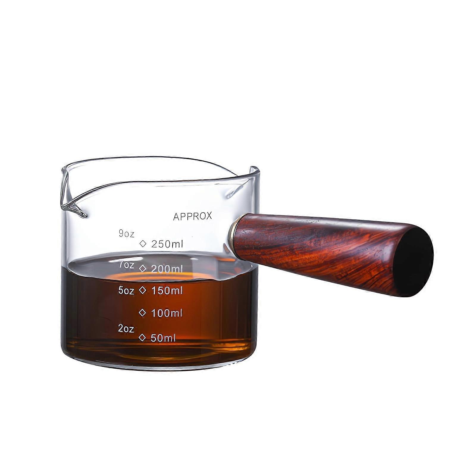 Espresso Shot Glass Measuring Cup 250ml with Double Spouts and Wood Handle for Coffee Milk Tea