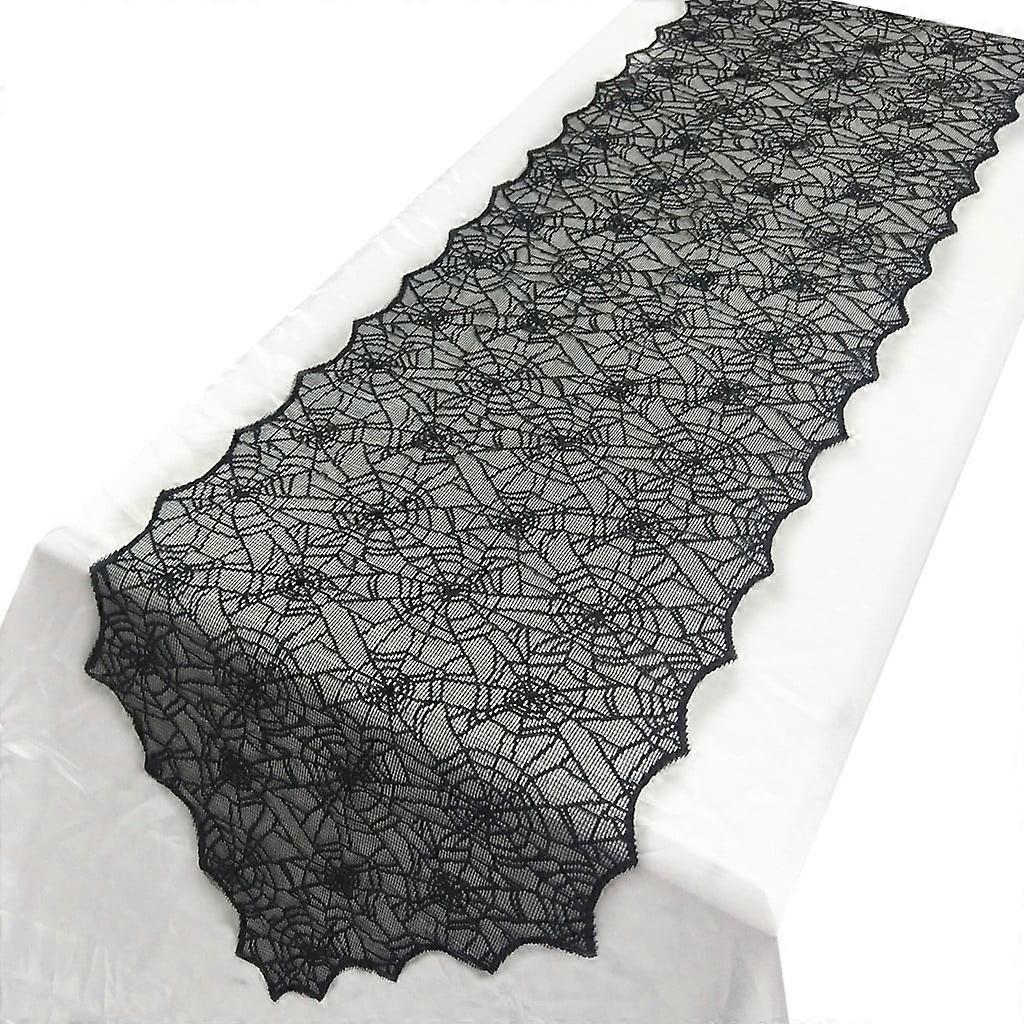 Halloween Lace Table Runner 18"x72", compatible with rectangle tables, spider webs design, black lace fabric for spooky party decor