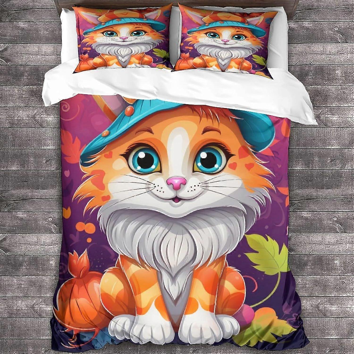 LikeEj 3 Peças Cat Duvet Cover Set 3D Halloween Impresso Animal Tema Cama Colcha Capa edredom com fecho com zíper, cama de microfibra King