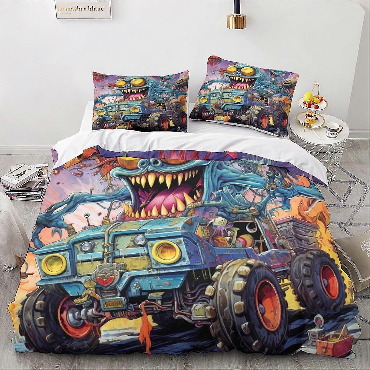 LikeEj مجموعة الفراش الوحش ، مجموعات غطاء لحاف لحاف الكرتون ثلاثية الأبعاد ، غطاء سرير سيارة عتيق ناعم ، مجموعة لحاف كرتونية مع سحاب الملك