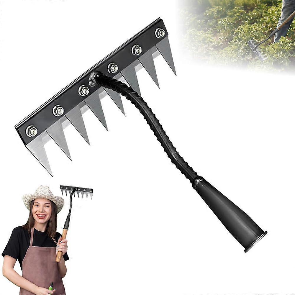 Garden Weeding Rake Hand Weeder Tool with Ergonomic Grip, Detachable Carbon Steel 8 Tines for Lawn and Garden