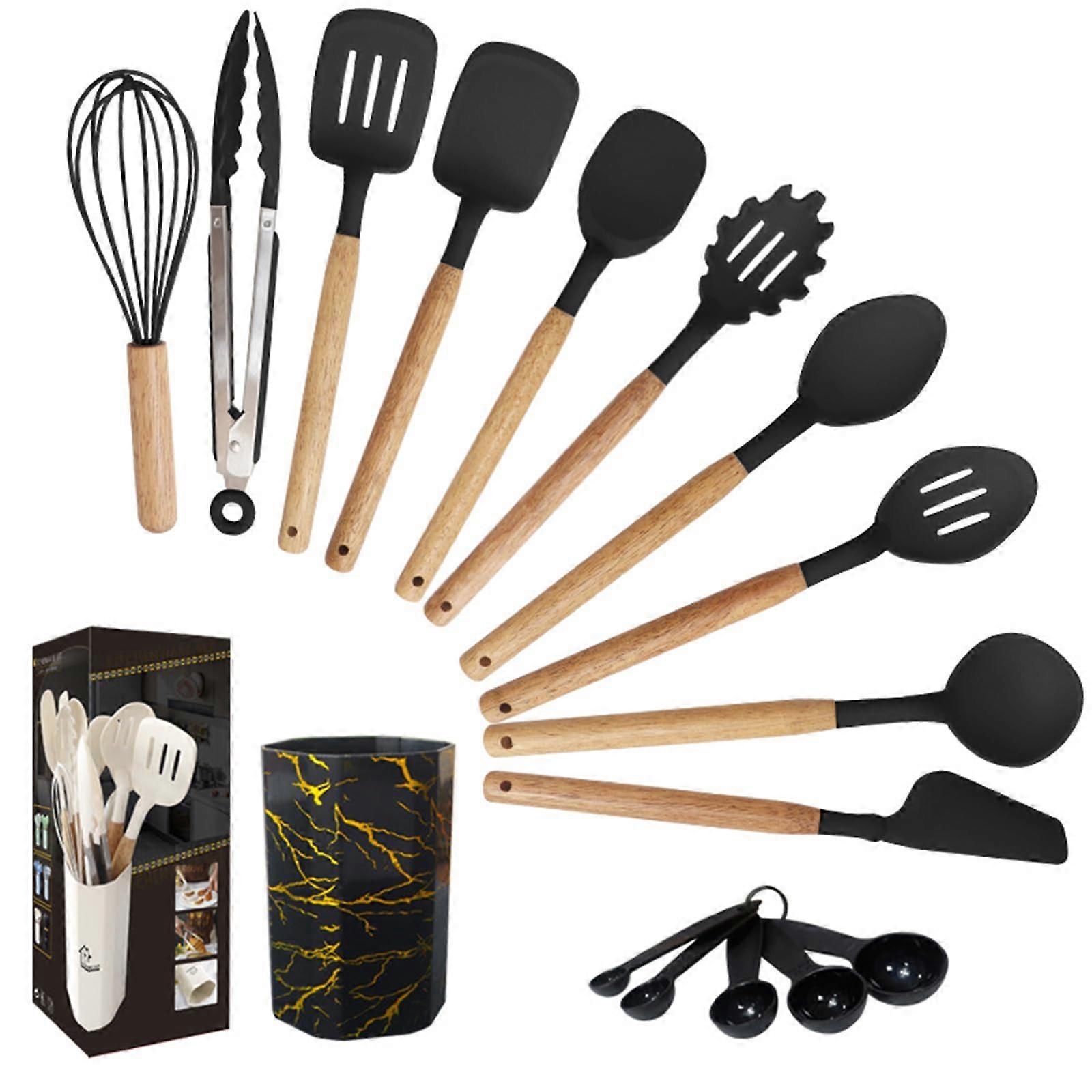 Silicone Cooking Utensils Set 12pcs with Wooden Handles, Heat Resistant 446°F, BPA , Black Jade