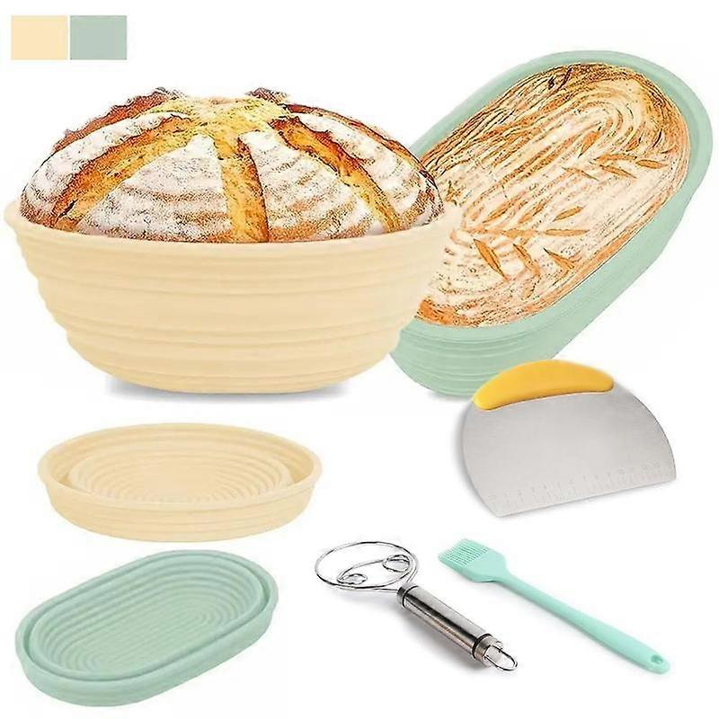 Silicone Bread Proofing Basket Set, 1 Set Including Oval & Round Bread Basket & Scraper & Brush & Dough Whisk, Baking Tool for Home Kitchen