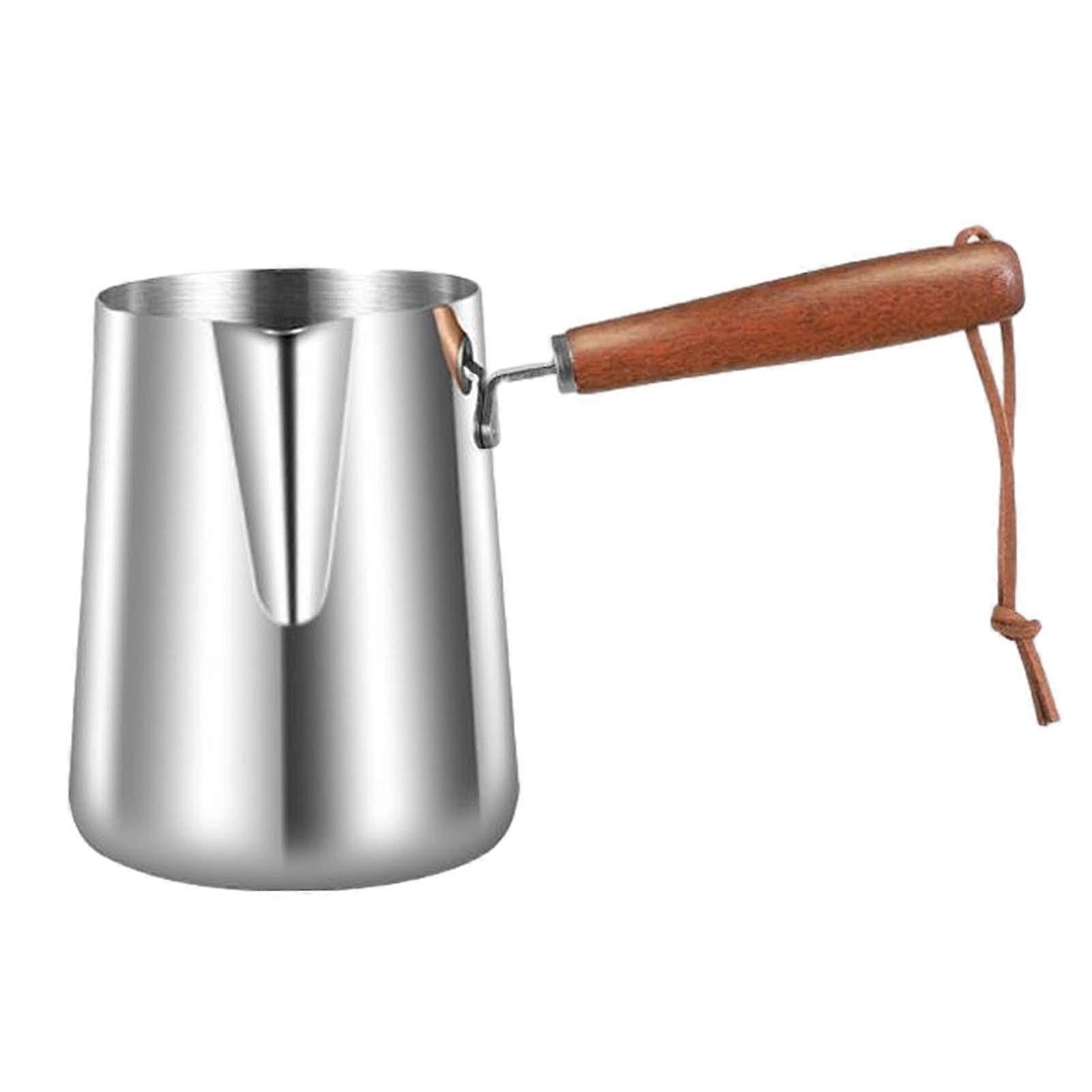 Stainless Steel Turkish Coffee Pot 350ml with Wooden Handle for Milk Frothing and Latte Art
