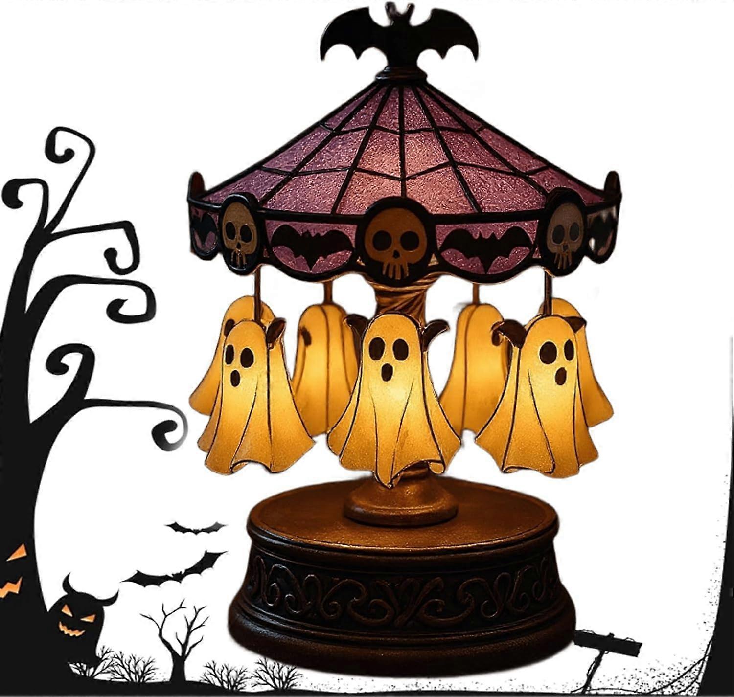 Halloween Ghost Light USB Rechargeable Vintage Carousel Lamp with Floating Ghost for Tabletop Decor