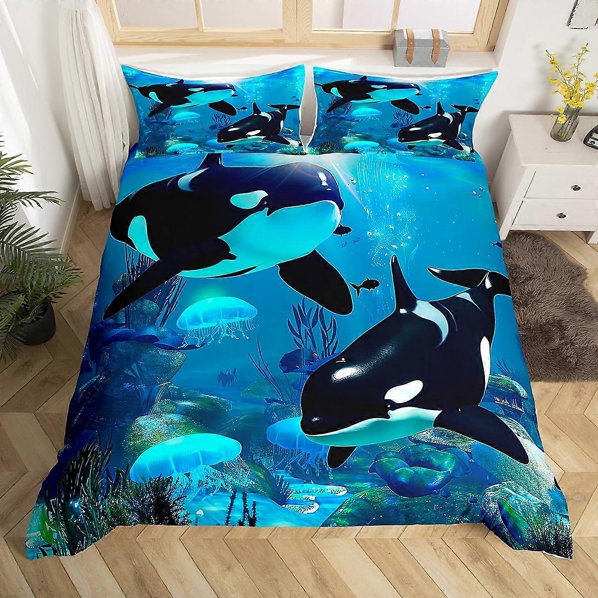 Whale Bedding Set Full Size with Pillowcases, Ocean Duvet Cover, Vivid 3D Print, Breathable Fabric