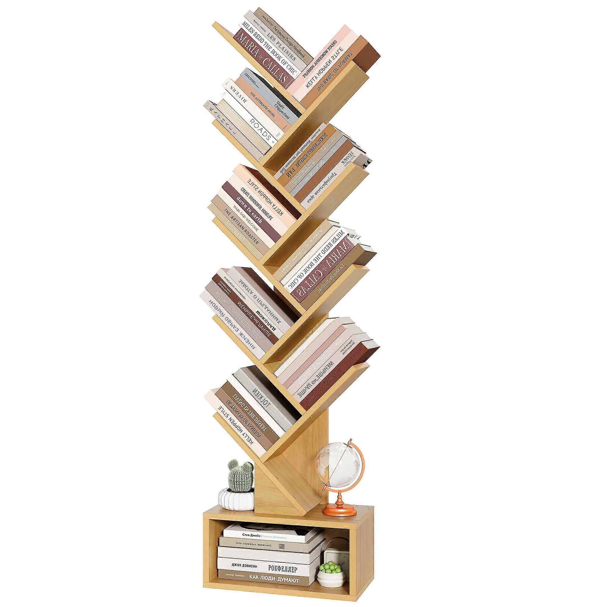 9 Tier Tree Bookshelf with Drawer, Tall Wooden Bookcase for Small Spaces, Modern Yellow Shelving