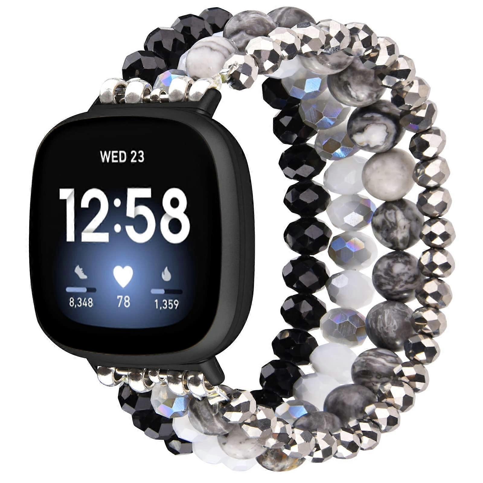 Handmade Beaded Bands for Fitbit Versa and Sense for Women, Elastic Natural Stone Bracelet Strap