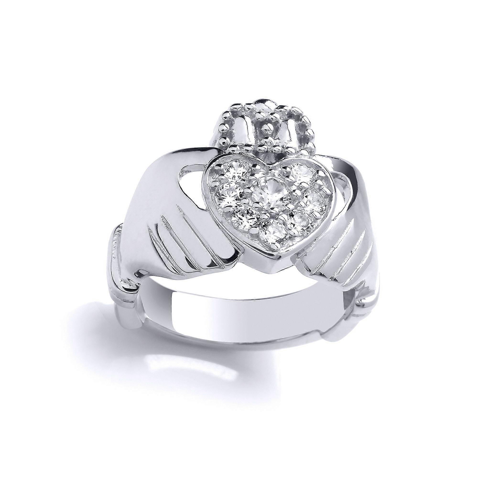 Jewelco London Ladies Sterling Silver Cubic Zirconia Love Heart Crown Claddagh Dress Ring