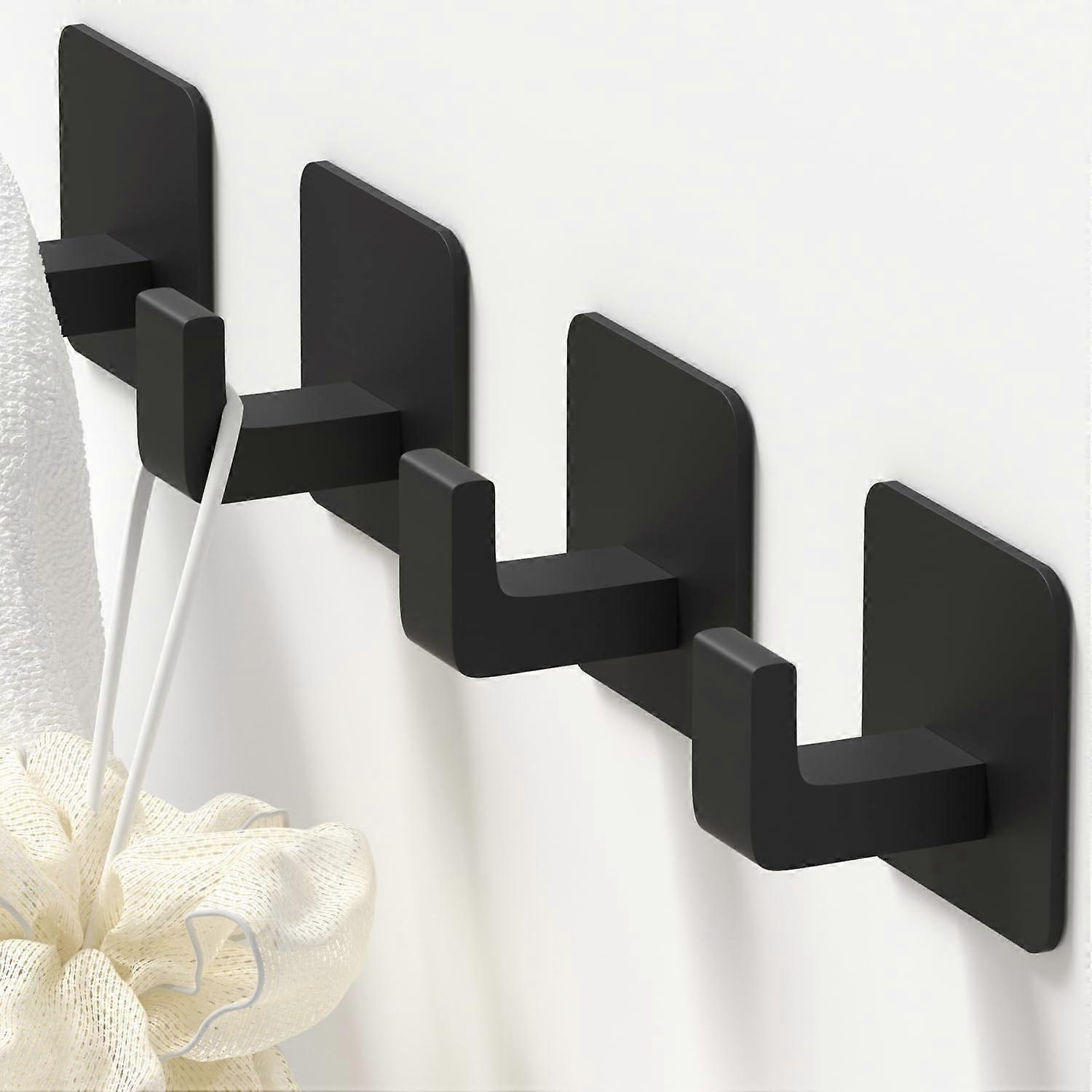 Self Adhesive Towel Hooks 4 Pack Matte Black Aluminum NoDrill Waterproof Rustproof RightAngle Design